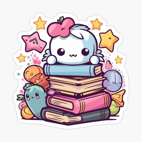 Kawaii Book Drawing, Sticker Book Ideas, Kawaii Stickers Png, Book Aesthetic Sticker, Sticker Book Diy, Book Design Ideas, Kawaii Book, Book Tattoo Ideas, Book Cover Ideas