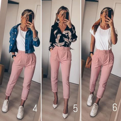 Pink Chinos Outfit Women, Work Outfit Pink Pants, Rose Colored Pants Outfit, Pink Paper Bag Pants Outfit, Rose Trousers Outfit, Look Pantalon Rose, Outfit Pantalon Rosado, Pale Pink Pants Outfit, Pink Capri Pants Outfit