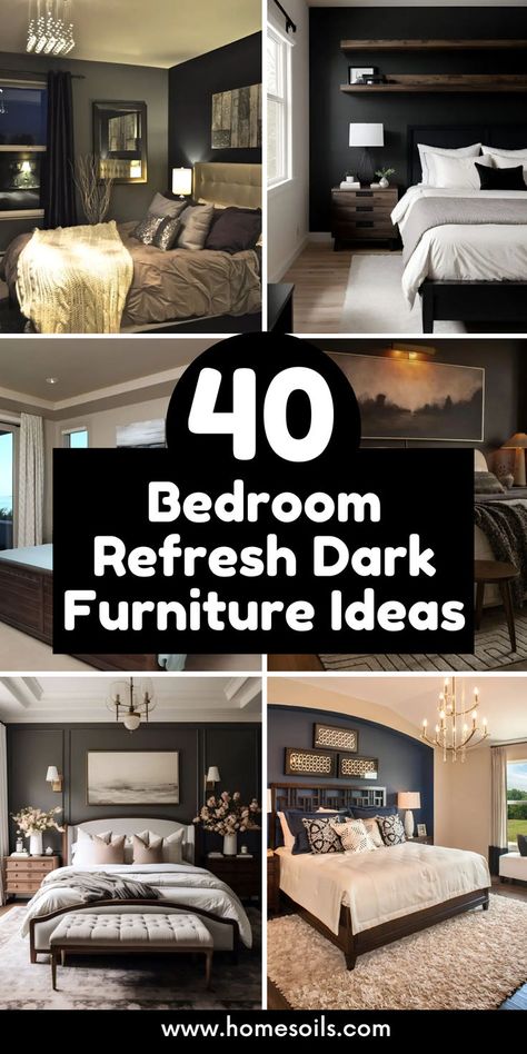 Transform your bedroom with 40 dark furniture ideas that exude sophistication and style. From Modern Palm Springs to Eclectic Vintage Hideaways, discover how to create a serene and elegant retreat with dark wood, metal frames, and moody textiles. Elevate your space today! #BedroomDecor #DarkFurniture #HomeDesign Dark Brown Bedrooms, Dark Wood Bedroom Furniture, Dark Gray Bedroom, Dark Wood Bedroom, Dark Brown Furniture, Dark Wood Bed, Dark Bedroom Furniture, Bedroom Decoration Ideas, Dark Wood Furniture