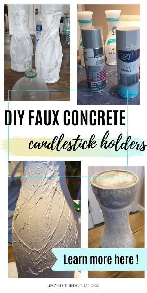 When you love upcycling and home decor, this post is a must read. This DIY Faux Concrete Candlestick Holders tutorial will help anyone who's looking for easy ways to make beautiful candle holders from plastic bottles that would otherwise be thrown away! This amazing upcycling transformation is pretty easy and straightforward using chalk paint and/or spray paint and plaster. It includes 3 different ways to make these DIY recycled candle holders. Click through now for more details on the project! Paint Candle Holders, Spray Paint Candle Holders, Diy Candle Stick Holder, Diy Candle Sticks, Winter Wreath Diy, Upcycling Projects, Upcycling Diy, Using Chalk Paint, Diy Chalk Paint