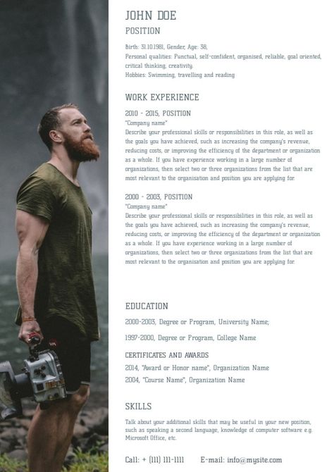 Photographer resume sample, made on Wilda Photography Resume, Photographer Resume, One Page Resume, Gym Trainer, Cv Design, Resume Sample, Print Advertising, Resume Design, Resume Examples