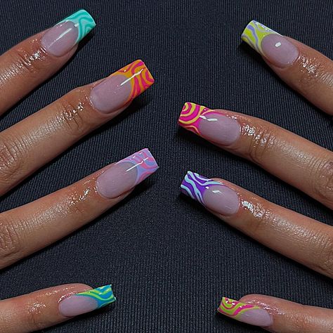 Mixed Match Nails, Mix Match French Tip Nails, Summer Nail Color 2023, Acrylic Nails Square Medium, Nail Color 2023, Two Different Colored Nails On Each Hand, Different Design On Each Nail, Nail Color Summer, Mix And Match Nails