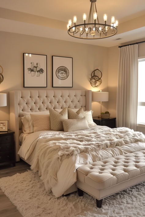 cozy bedroom, cream colors, black framed wall art above the bed, luxurious throw pillows on bed, wood nightstands flank the bed, off white table lamps on the nightstands, circular statement ceiling light above the bed with black accent color, cream colored tufted footrest at the end of the bed, cream colored curtains, soft cream colored rug under the bed Bedroom Decor Furniture, Southern Chic Bedroom, How To Decorate Your Bed, Luxury Master Bedrooms Decor Classy, Light Brown Bedroom Ideas, Warm Master Bedrooms Decor, Cozy Bedroom Lighting Ideas, Cozy Apartment Bedroom Ideas, Light Beige Bedroom