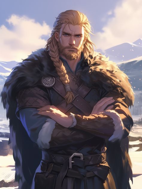 Two Axes Warrior, Ulfric Stormcloak Fanart, Mountain Character Design, Viking Man Art, Viking Character Art, Viking Character Design Male, Nordic Character Design, Male Warrior Fantasy Art, Geralt Of Rivia Fanart