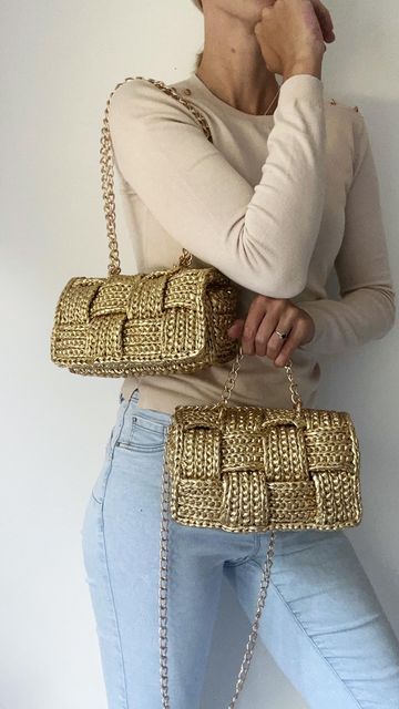 London Bag, Gold Crochet, Disco Style, Crochet Patterns Free Beginner, Crochet Bag Tutorials, Crochet Fashion Patterns, Bag Model, Gold Bag, Macrame Bag