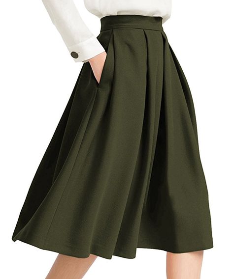 High Waisted A Line Skirt, Prom Skirt, Midi Skirt With Pockets, Full Midi Skirt, Fit And Flare Skirt, Line Skirt, Pleated Midi Skirt, Cute Skirts, Green Skirt