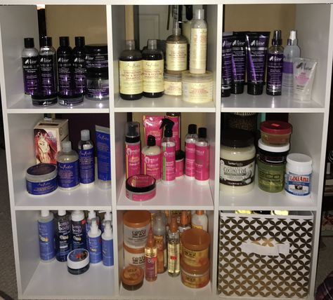 My new storage unit for all my hair products. Oils are in the bin. #ProductJunkie Curly Hair Products Organization, Storage For Hair Products, Organizing Hair Products In Bedroom, Storage Ideas For Hair Products, Hair Product Organizer, Self Care Storage, Hair Product Organization Bedroom, Hair Product Storage Ideas, Hair Care Storage Ideas