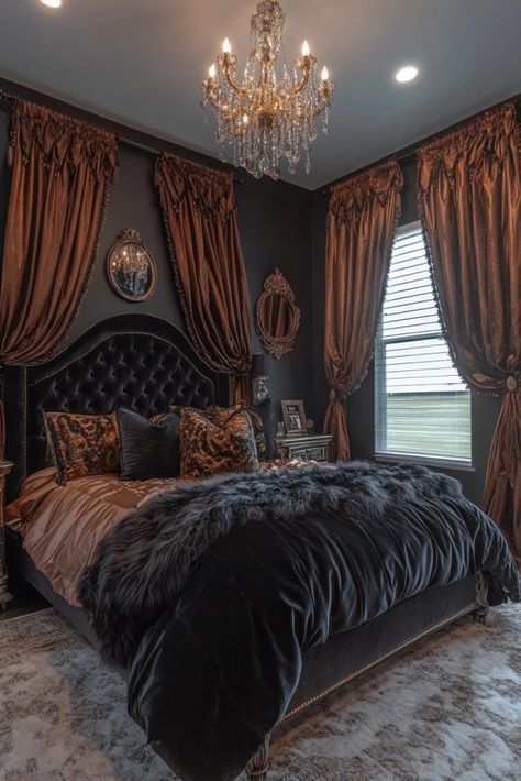 Frame Placement On Wall Bedroom, Victorian Style Bedroom Ideas, Black Victorian Bedroom, Black Glam Bedroom Ideas, Rich Bedroom Luxury Black, Western Gothic Bedroom, Old Hollywood Glam Decor, Retro Glam Bedroom, Barndominium Bedroom Ideas