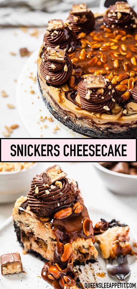 Snickers Cheesecake Recipe, Snickers Cheesecake, Chocolate Ganache Frosting, Baked Cheesecake, Ganache Frosting, Chocolate And Caramel, Peanut Butter And Chocolate, Peanut Butter Cheesecake, Caramel Cheesecake