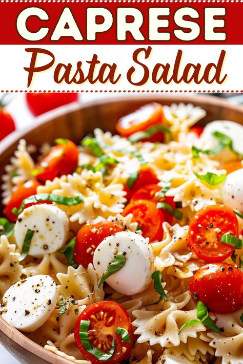 This Caprese pasta salad is full of color and flavor! It has all the classic Caprese elements, including mozzarella, tomatoes, and basil. Pasta Salad Recipes Caprese, Italian Caprese Pasta Salad, Capri Pasta Salad, Tomato With Mozzarella And Basil, Mozzarella Recipes Pasta, Salads With Tomatoes, Pasta Caprese Salad, Tomato Basil Mozzarella Salad, Caprese Salad Pasta