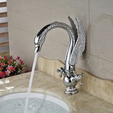 Luxury Swan Shape Wash Basin Faucets Deck Mounted Bathroom Mixer Taps Chrome Finish _ - AliExpress Mobile Vessel Sink Faucet, Sink Mixer Taps, Chrome Bathroom, Brass Faucet, Rainfall Shower, Faucet Handles, Bathroom Basin, Vessel Sink, Mixer Taps