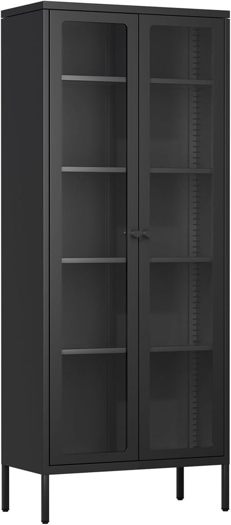 PRICES MAY VARY. 【Multiple Use Scenarios】 The size of the metal display cabinet is 13.7 " D x 27.7 " W x 67.3 " H, A reasonable size design can be used in office, home entrance, living room, dining room, bedroom, etc.It is a good choice for home storage or decoration. 【Large Storage Capacity】 This display cabinet has four adjustable shelves that can accommodate items of different sizes as needed. It can be used to organize tool equipment, gaming equipment, and even kitchen supplies. A display ca Spice Storage Cabinet, Large Display Cabinet, Black Kitchen Cabinets Small Kitchen, Cabinet With Glass Doors Display, Kitchen Cabinet Decor Above, Office Display Cabinet, Basement Storage Cabinets, Living Room Pantry, Modern Office Storage