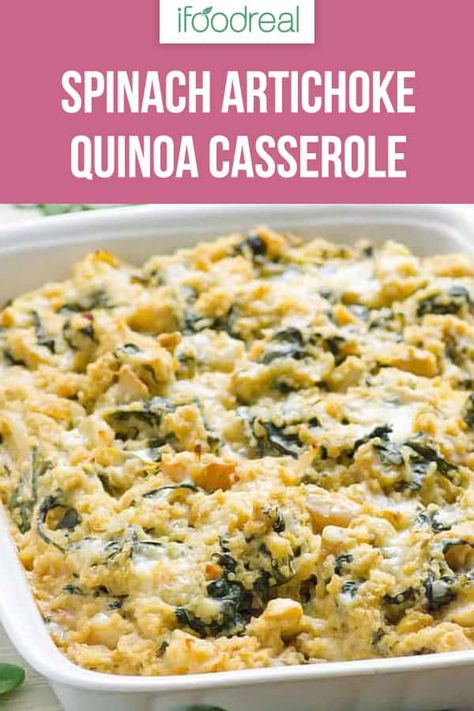 Spinach Artichoke Quinoa Casserole Recipe is packed with vegetarian protein, chock full of vegetables and super easy to make. If you love spinach artichoke dip, you will love this creamy bake. #ifoodreal #cleaneating #healthy #recipe #dinner #casserole #quinoa Artichoke Quinoa, Quinoa Casserole Recipes, Healthy Dinner Casseroles, Delicious Vegetarian Dinner, Quinoa Recipes Healthy, Quinoa Casserole, Vegetarian Casserole, Vegetarian Protein, Healthy Casseroles