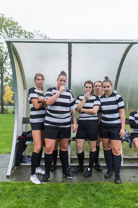 Five female rugby players are looking tough at the camera, standing in the dug out Dug Out, Rugby Player, Rugby Players, Womens Football, Sports Photography, Sports Team, Rugby, Royalty Free Stock Photos, Soccer