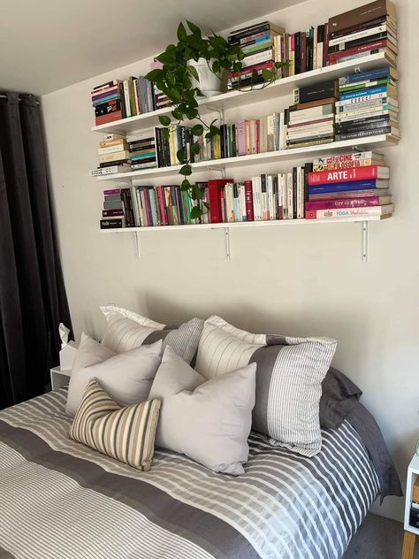 Book Shelf Bedroom Wall, Two Shelves Above Bed, Book Shelf Ideas Above Bed, Bedroom Wall Decor Above Bed In Corner, Book Shelf Over Bed Ideas, Book Shelves Over Bed, Corner Shelf Above Bed, Over The Bed Bookshelves, Over Bed Bookshelves