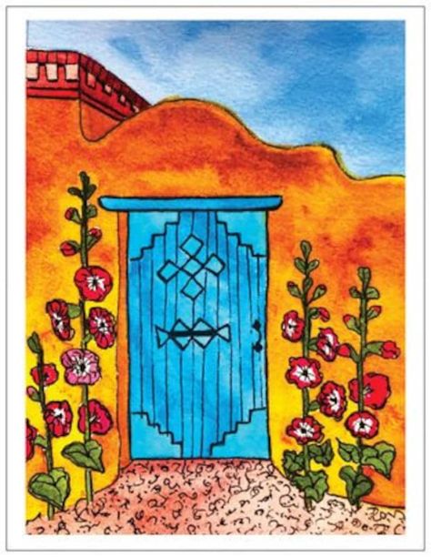 Southwest Art Paintings, Painted Bricks Crafts, Mexican Art Painting, Southwest Wall Art, Mexico Blue, Shrines Art, Blue Doors, Santa Fe Art, Santa Fe Wedding