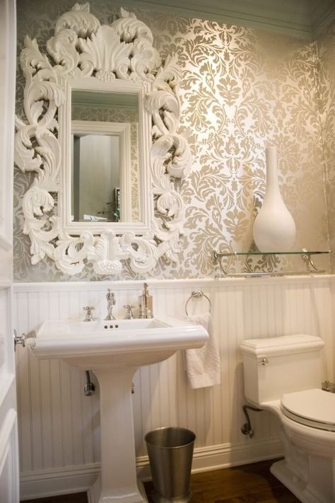 Love the mirror & the damask wallpaper Chic Powder Room, White Beadboard, French Bathroom, Baroque Mirror, Powder Room Design, Damask Wallpaper, Rooms Reveal, Bathroom Wallpaper, Elegant Home Decor