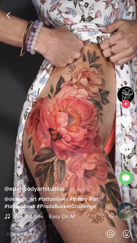 Hip Tattoos Women Color, Flower Tattoos For Women Color, Hummingbird Cover Up Tattoo, Girly Flower Tattoos, Thigh Tattoos Women Cover Up, Flower Tattoos Sleeve Colorful, Thigh Flower Tattoo Women, Hip Tattoo Cover Up Ideas, Girly Tattoo Sleeve