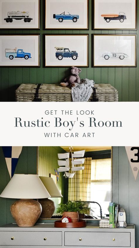 This rustic & vintage inspired big boy room features oversized car art by Leslee Mitchell Art and personalized touches. The boy's room green vertical shiplapped walls lend a cozy cabin feel. Get the look for your kids room. Shop the look now! Vintage Car Themed Bedroom, Vintage Car Boys Bedroom, Boys Car Room, Vintage Car Nursery Baby Boy, Green Boy Room, Car Bedroom Ideas For Boys, Vintage Little Boys Room, Boys Room Artwork, Boys Room Wall Color