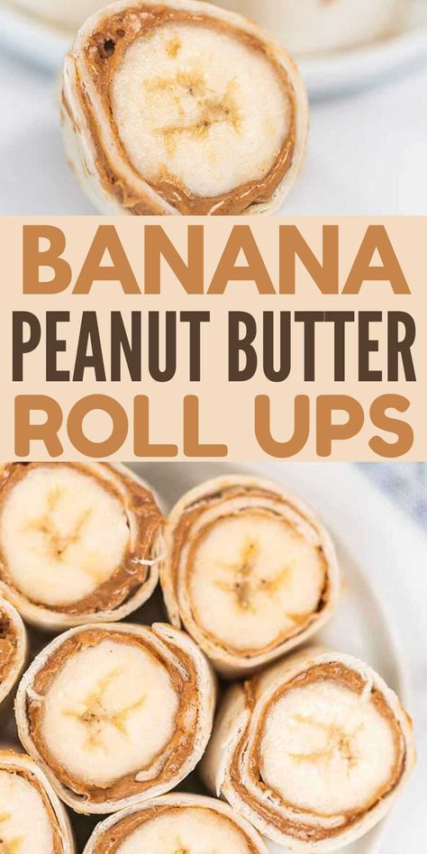 Once you try these homemade Banana Peanut Butter Roll Ups you will fall in love with the peanut butter and banana combo, if you haven’t already! These banana tortilla roll-ups make the perfect after school snack and they only take 3 ingredients. #eatingonadime #bananapeanutbutterrollups #easyrecipe School Snacks For Adults, Easy Snacks Banana, Things To Bake With Bananas, Things To Make With Peanut Butter, Homemade Kids Snacks Healthy, Good After School Snacks, Snacks With Bananas, Healthy Snacks For After School, Things To Make With Bananas