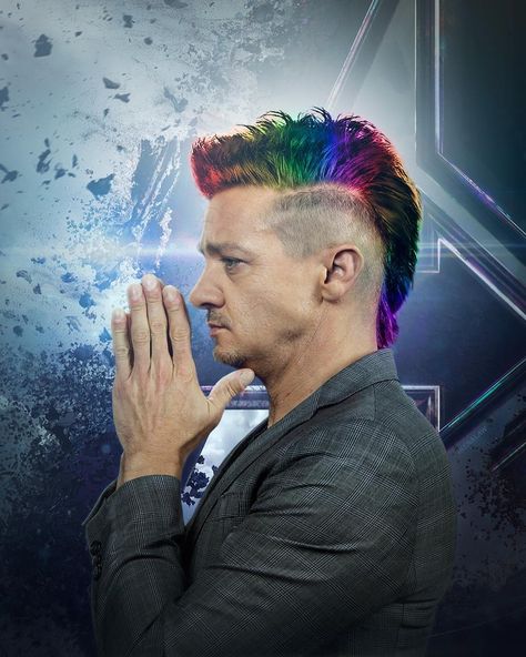 I don’t care if this isn’t real. I’m saving it anyway because Renner’s mohawk is a MOOD. Hawkeye Haircut, Jeremy Renner Avengers, Conor Mcgregor Style, Rock Star Hair, Jeremy Lee, Boys Hair, Mohawks, Hair Catalog, Haircut Designs