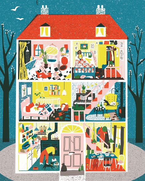 Risograph Illustration, Tidy House, Flow Magazine, Messy House, Interior Illustration, House Illustration, Free Poster, Wedding Prints, Puzzle Design