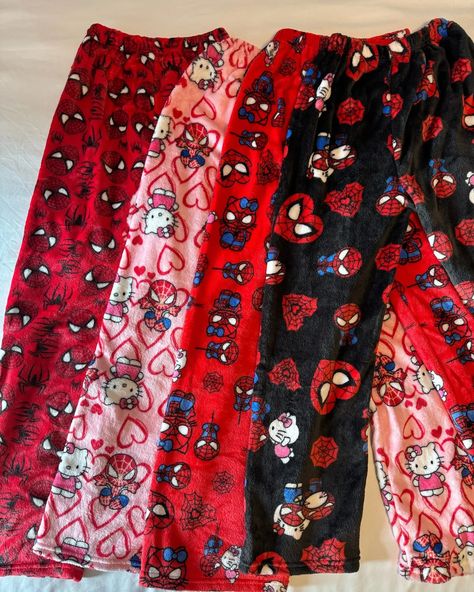 Hello Kitty & Spiderman Plush Pajama Pants - Soft Fuzzy Fleece Lounge Bottoms now available at cutelalaco.com! Link in bio to shop. Follow @cutelalacoshop for more cute items! #hellokitty #hellokittylover #hellokittyfan #spiderman #pajamas Spiderman Pajama Pants, Hello Kitty X Spiderman, Pajamas Hello Kitty, Spiderman Plush, Pajama Pants Outfit, Kitty Spiderman, Hello Kitty Pants, Spiderman Pajamas, Plush Pajama Pants