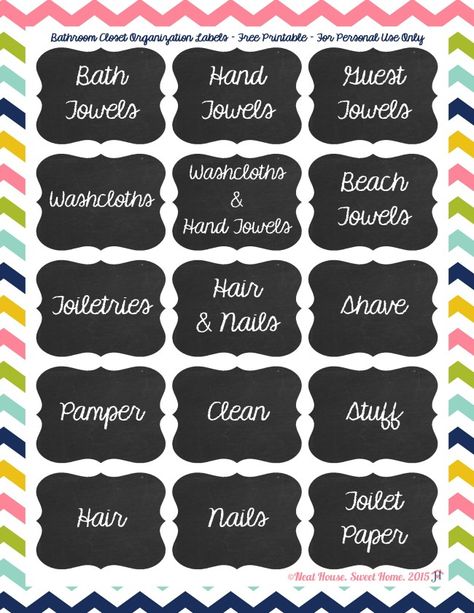 Bathroom Closet Organization Labels Free Printable Closet Labels, Closet Room Organizer, Organization Labels, Bathroom Closet Organization, Bathroom Containers, Organization Closet, Bathroom Printables, Dorm Organization, Diy Bathroom Storage