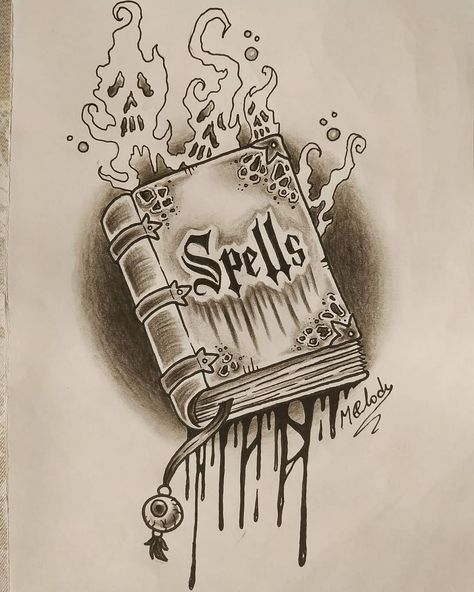 Valkyrink Art on Instagram: “Inktober - Day 6 Spellbook - (Diseño disponible para tatuar) - #spellbook #necronomicon #grimoire #bookofshadows #inktober #inktober2019…” Grimoire Drawing, Spell Book Drawing, Grimoire Tattoo, Spell Book Tattoo, Spell Book Art, Necronomicon Tattoo, Grimoire Art, Witchy Drawings, Witchcraft Art