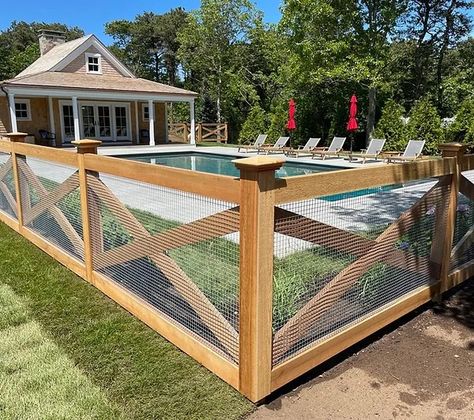 Wire | Atlantic Fence Supply | Bellingham Wood And Wire Fence Ideas, Wire And Wood Fence, Pool Fencing Landscaping, Pool Fence Ideas, Diy Pool Fence, Fence Around Pool, Hog Wire Fence, Pool Gate, Pool Fencing