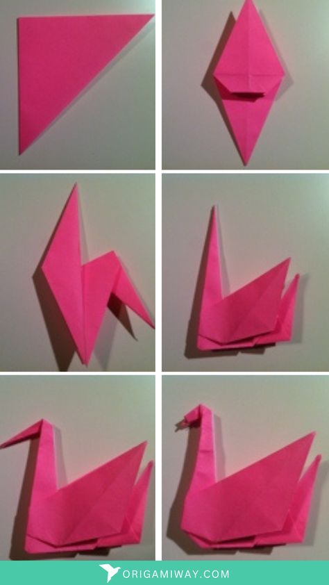 An origami pink paper swam Origami Swan Step By Step, Swan Origami, Swan Craft, Sticky Note Origami, Paper Swan, Origami Step By Step, Origami Swan, Origami Diagrams, Cd Crafts