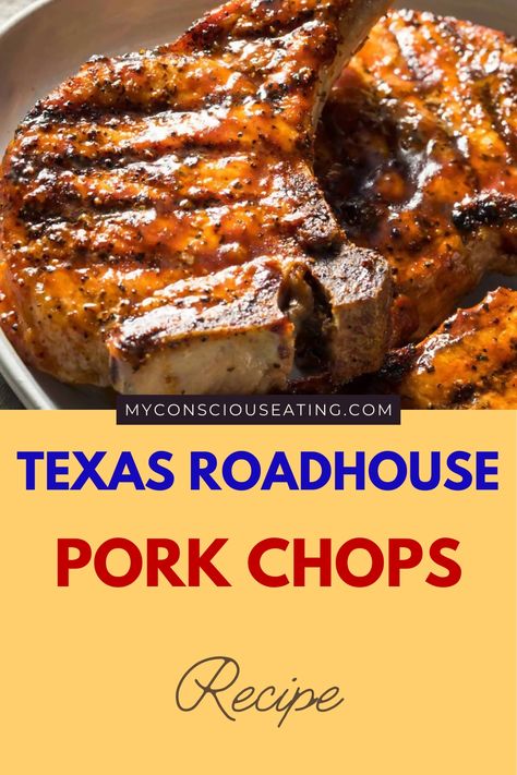 Pork chops on a plate Texas Roadhouse Pork Chops Recipe, Roadhouse Recipes, Pork Chop Dishes, Cornish Hen Recipe, Seared Pork Chops, Roasted Sprouts, Pork Loin Chops, Texas Roadhouse, Chops Recipe