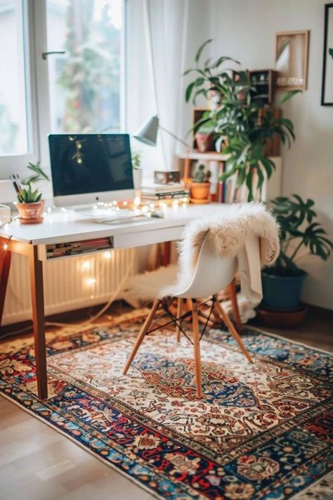 Chic Boho Office Decor Ideas to Inspire Creativity Boho Style Office Work Spaces, Colorful Boho Office, Boho Desk Space, Boho Glam Office, Boho Chic Home Office, Boho Office Space Workspaces, Boho Office Room, Boho Chic Office, Boho Office Decor