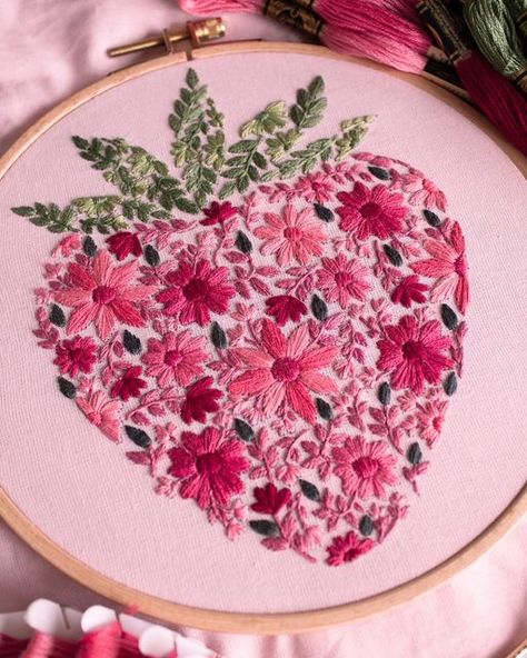 Aly Ploof on Instagram: "Good morning lovelies! I’m excited to announce “Berry in Bloom” is now live in shop 🍓🌸 The pattern is now available for all you fruit lovers & it’s actually a surprise reveal in that I stitched it on a pink tote bag! I’ll be releasing a handful of kits as some point tomorrow (I’m just collecting some last floss colours) as well 🫶🏻 What do you guys think of this new design? I know it got a lot of kind words during the wip phase, so I’m excited to where what you guys think now that it’s all finished! 🍓🌺 You can find the pattern linked in my stories or in my shop (link in my bio) 🌿" Fruit Embroidery Design, Embroidery On Pink Fabric, Cross Stitch Tote Bag, Flower Stitches, Relaxing Hobbies, Tomorrow And Tomorrow And Tomorrow, Tote Bag Embroidery, Fruit Embroidery, Strawberry Embroidery