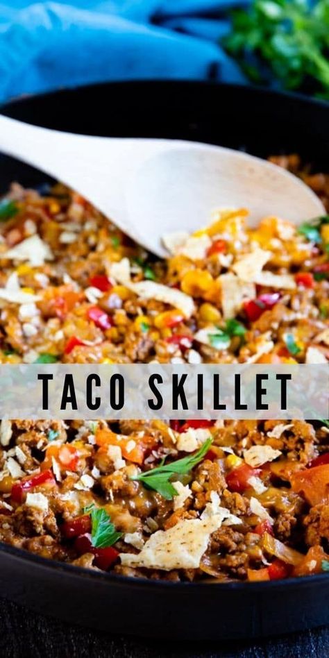 This Taco Skillet recipe is perfect for busy weeknights, taco parties or even for your next week’s meal prep. It’s loaded with all your taco favorites and the best part is it only takes one pot! Easy Taco Skillet, Taco Type Recipes, Skillet Taco Casserole, One Pan Taco Skillet, Taco Skillet Dinner, Skillet Taco, Taco Skillet Recipe, Foil Meals, Taco Skillet