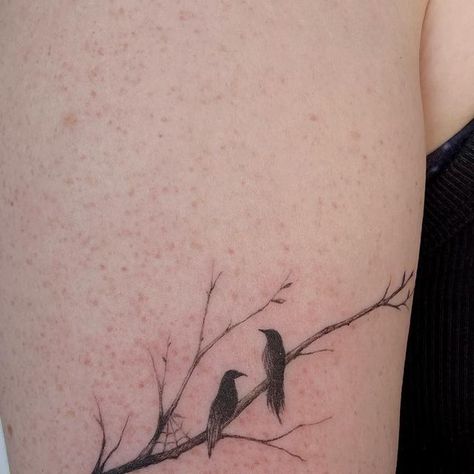 Sabel Lopez on Instagram: "happy Valentine’s Day from these little ravens on a branch 🖤🥀  the coolest first tattoo for Colette! 💖  #birdtattoo #firsttattoo #finelinetattooartist #orlandotattooartist #finelinetattoo #branchtattoo #tree #crowtattoo #raventattoo" 3 Ravens Tattoo, Dainty Raven Tattoo, Delicate Raven Tattoo, Dainty Crow Tattoo, Tattoo Two Birds, Tiny Raven Tattoo, Three Crows Tattoo, Raven Tattoo Fine Line, Minimalist Crow Tattoo