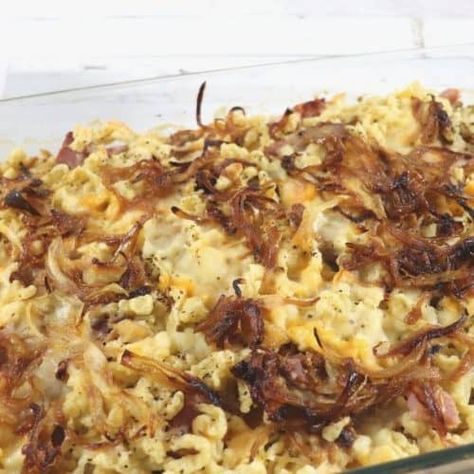 Spaetzle Casserole with Ham and Cheese - All Tastes German German Butter Cake, German Main Dishes, Casserole With Ham, Cheese Spaetzle, Spaetzle Recipe, Crispy Fried Onions, Ham Casserole, Ham Recipes, European Food