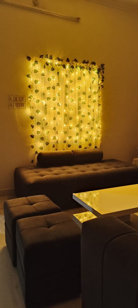 Easy decoration to do at home using white net, plastic leaf vine or garland or artificial hanging and fairy lights. Simple and easy decoration ideas to do at home, easy interiors decor for roka ceremony or anniversaries or birthdays, handmade aesthetic decor to do at home,wedding decor, haldi decor, sagayi ceremony decor, engagement ceremony decoration with yellow light,green leaves decor , Bedroom decor , drawing room decor, hall decor, Elegant decor with led lights Bedroom Decor Drawing, At Home Wedding Decor, Simple Haldi Decoration At Home, Haldi Ceremony Decorations At Home Simple, Haldi Ceremony Decorations At Home, Easy Decoration Ideas, Green Leaf Decor, Haldi Decoration Ideas, Roka Ceremony