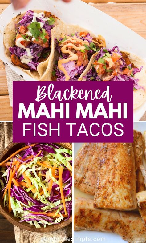 Blackened Mahi Mahi fish tacos with purple cole slaw. Mahi Mahi Recipes Healthy, Blackened Mahi Mahi Tacos, Creamy Cabbage Slaw, Blackened Mahi Mahi, Mahi Mahi Fish Tacos, Seasoning For Fish, Creamy Cabbage, Mahi Tacos, Fresh Fish Recipes