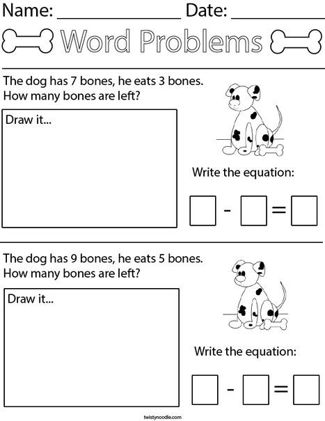 Dog Subtraction Word Problem Math Worksheet - Twisty Noodle Word Problem Subtraction Grade 1, Math Story Problems First Grade, Math Word Problems 1st Grade, Subtraction Word Problems Grade 1, Subtraction Word Problems Kindergarten, Story Problems Kindergarten, Kindergarten Word Problems, Word Problems Kindergarten, Simple Word Problems