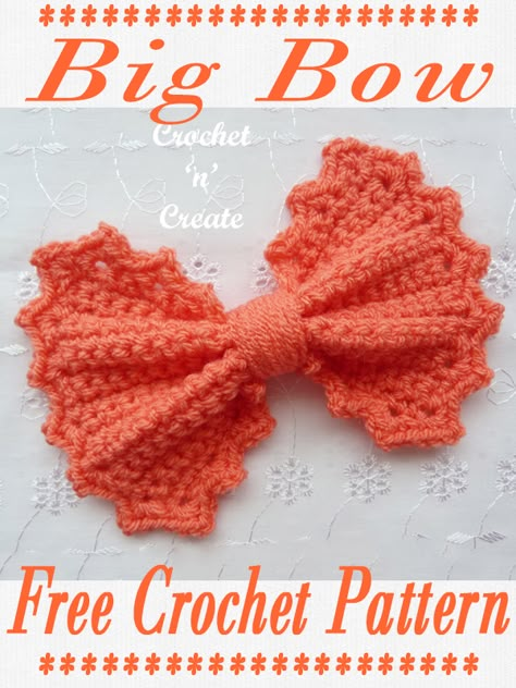 Big Bow Crochet Pattern - A cute and fun large bow, the perfect accessory that can be used on bags, hats blankets and many other items. The free crochet pattern is below, scroll down to get it in UK and USA format. Bow Crochet Pattern, Crochet Bows Free Pattern, Appliques Au Crochet, Crochet Bow Pattern, Crochet Hair Bows, Bow Crochet, Crochet Bow, Flowers Crochet, Crochet Bows