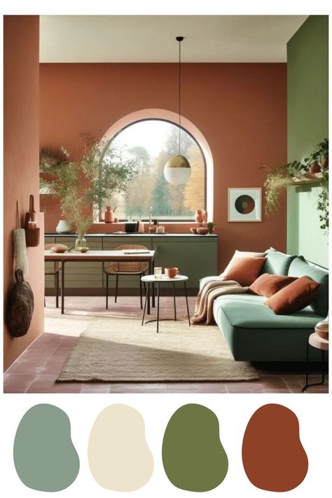 Green Yellow Terracotta Living Room, Forest Green And Terracotta Living Room, Living Room Designs Terracotta, Green Sofa Terracotta Walls, Tile Wall Living Room, Home Wall Color Ideas Paint Colours Interior Design, East Facing Living Room, Terracota Living Rooms, Sage Green And Terracotta Living Room