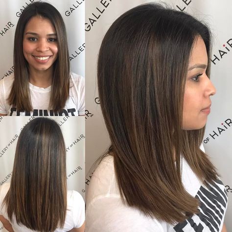 This Sleek Cut with Subtle Layers and Brunette Balayage is a great look for someone seeking a classic feminine style. This layered cut can be worn sleek and straight, with textured waves or curls, or with a simple blowout for body and movement. The soft brunette balayage color gives this look some sexy but subtle definition. Styling tips for this medium length layered haircut and other similar long hairstyles, long bobs, and hair color ideas can be found at Hairstyleology.com Hair Color Ideas For Brunettes Balayage, Balayage Straight Hair, Medium Length Hair Straight, Subtle Layers, Haircuts For Long Hair With Layers, Brunette Balayage, Vlasové Trendy, Haircuts For Wavy Hair, Trendy Hair Color