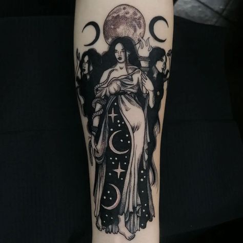 Detailed Goddess Hecate Tattoos for Fans Hecate Goddess Tattoo Design, Hecate Tattoo, Wicca Tattoo, Insta Tattoo, Greek Goddess Tattoo, Hades Tattoo, Aphrodite Tattoo, Athena Tattoo, Zeus Tattoo