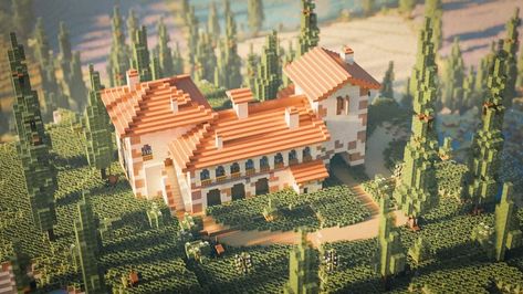 Italy House Italian Villa, Italian Style House, Villa Minecraft, Tuscany House, Island Survival, Minecraft Interior Design, Minecraft House Tutorials, Spanish Villa, Minecraft Castle