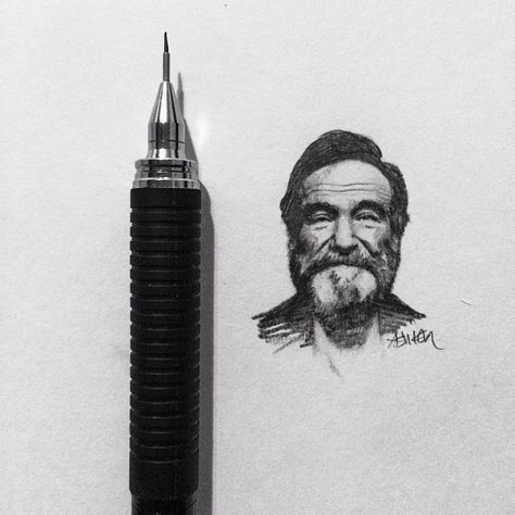 Robin Williams. Celebrity Detailed Micro - Miniature Drawings. See more art and information about Hash Patel, Press the Image. Miniature Drawings, Micro Art, Pen Art Work, Japanese Watercolor, Miniature Portraits, Drawing Sketchbook, Realistic Paintings, Vintage Collage, Celebrity Portraits