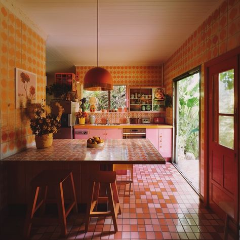 The cutest retro kitchen & home office 🧡🩷🧡 An interior design concept by @badbatch ✨✨✨✨ #interiordesign #conceptart #interiordesignideas #homeofficedecor #homeofficegoals #pinkandorange #pinkaesthetic #orangeinterior #kitcheninspo #retrokitchen #retrohome #retrointeriors #retro #midcenturyhome #midcenturyillustration 1950s Interior Design Kitchen, Small 70s Kitchen, Queer Interior Design, Retro House Interior, Interior Design Funky, 70s Interior Design Retro, 50s Interior Design, 1960s Interior Design, Retro Modern Kitchen