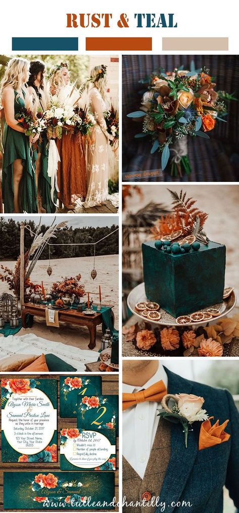 2021 fall wedding color trend, rust and teal wedding color idea#wedding #weddinginspiration ##bridalparty #maidofhonor #weddingideas #weddingcolors #tulleandchantilly #tulleandchantillyweddingblog Boho Wedding Colors, Fall Wedding Color Schemes, Rusting Wedding, Western Themed Wedding, Wedding Color Pallet, Wedding Themes Fall, Teal Wedding, Wedding 2025, Wedding Theme Colors