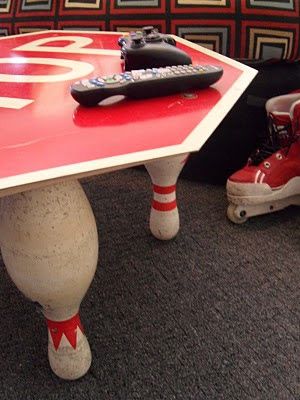 Tattered Style: Fun, Funky, Functional Tables Bowling Ideas, Bowling Pin Crafts, Game Bar, Man Cave Games, Repurpose Furniture, Recycled Products, Office Fun, Coat Tree, Upcycled Projects