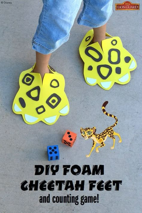 DIY Foam Cheetah Feet Craft for Kids with Counting Game (Practice number recognition and one-to-one correspondence in this gross motor activity)- Inspired by Disney Junior's The Lion Guard Cheetah Crafts, Counting Craft, Animals Crafts, Disney Activities, Gross Motor Activity, The Lion Guard, Counting Games, Lion Guard, Animal Activities